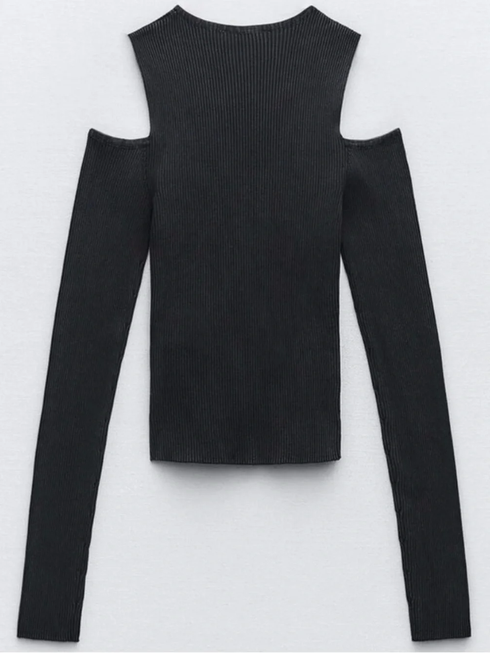 Zara Black Acid Wash Ribbed Cold-Shoulder Cutout Sweater - Picture 4 of 11